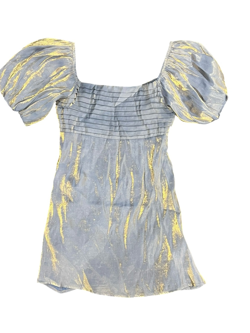 Shop Neighbor | Shimmer Blue In the Beginning Puff Sleeve Pleated Bodice Dress S